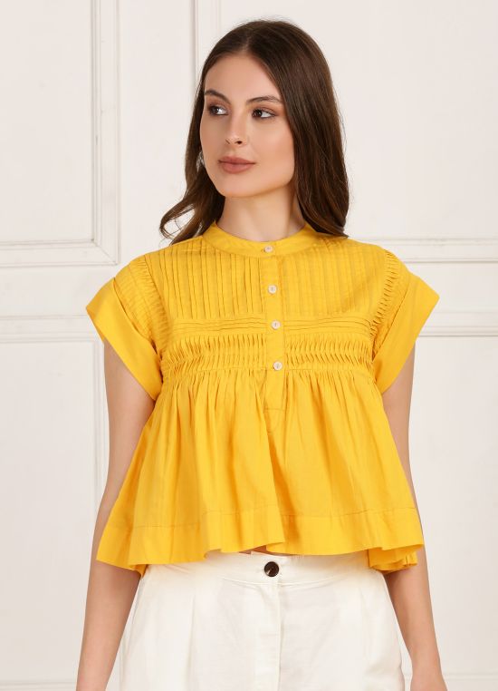 Globus Women Yellow Mandarin Collar Gathered & Pleated Detail Cap Sleeve Top