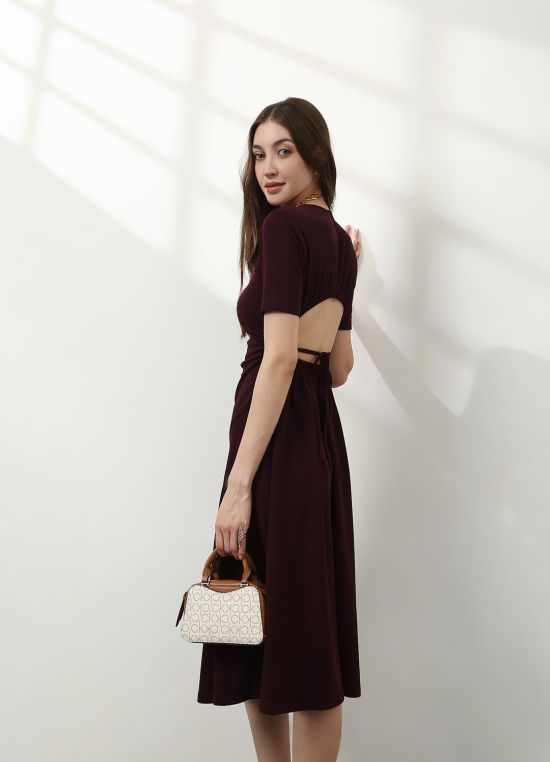 Globus Women Burgundy Round Neck Stylized Back Tie-Up Fit and Flare Midi Party Wear Dress