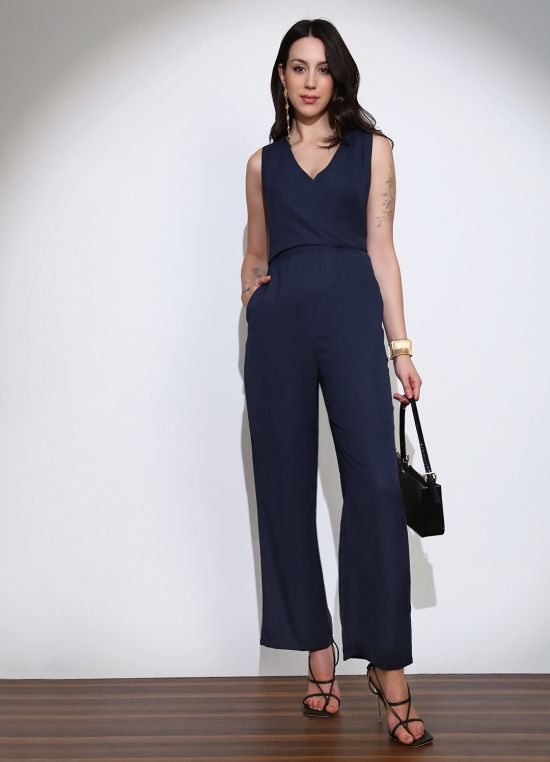 Globus Women Navy Blue Wrap Neck Sleeveless Tie-Up Back Solid Wide Leg Workwear Jumpsuit