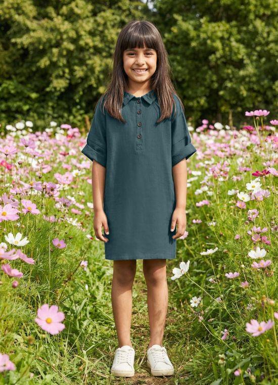 Globus Girls Green Collared Neck Short Sleeves A-Line Straight Hem Mini Dress