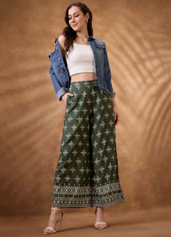 Globus Women Green Ethnic Print Mid Rise Wide Leg Fusion Pant