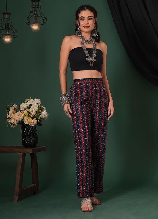 Globus Women Blue Cotton Chevron Print Mid-Rise Ethnic Parallel Trousers