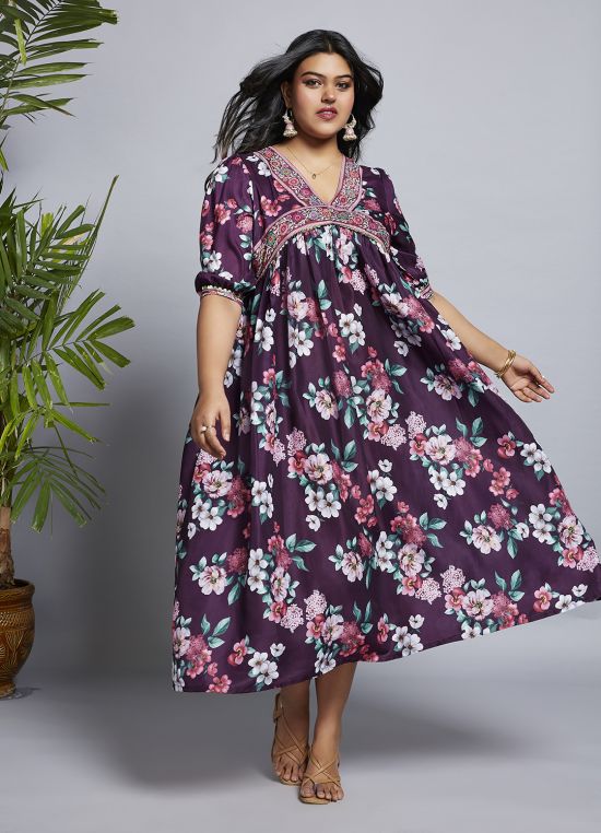 Globus Gloplus Women Burgundy V-Neck Puff Sleeves Floral Print Lace Detailing A-Line Plus Size Midi Fusion Dress