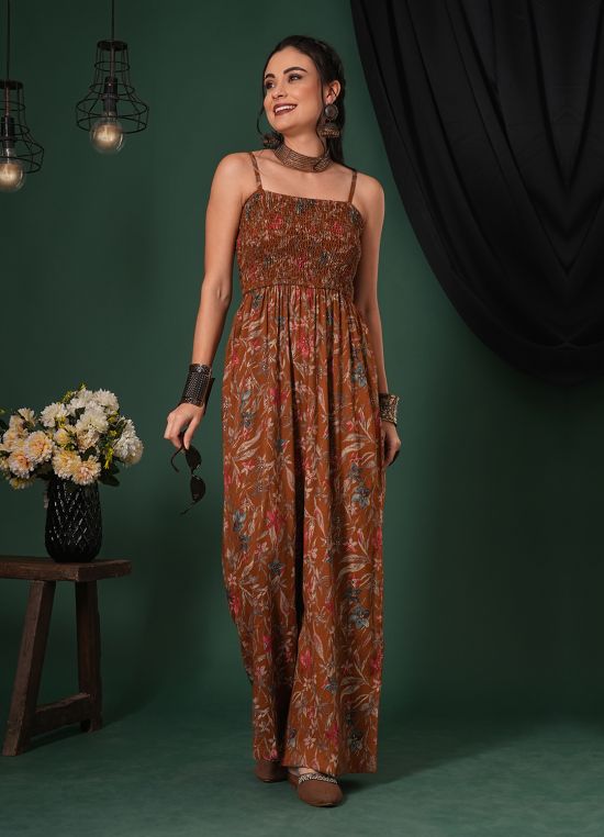 Globus Women Mustard Square Neck Adjustable Strappy Shoulder Smocked Floral Print Fusion Jumpsuit