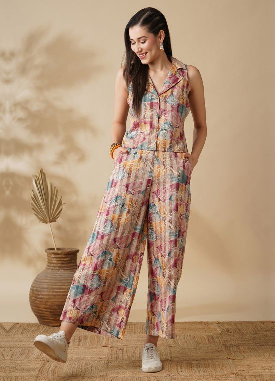 Globus Women Multi Color Floral Printed Notch Lapel Shirt & Palazzos Co-Ord Set