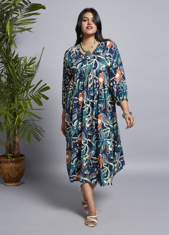 Globus Gloplus Women Navy Blue V-Neck Floral Print Gathered A-Line Plus Size Midi Fusion Dress