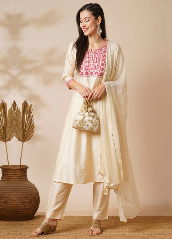 Globus Women Off White Embroidered Yoke Silver Foil Printed A-Line Kurta With Narrow Trousers & Dupatta