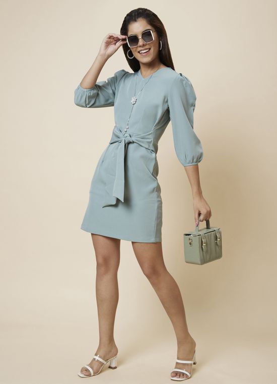 Globus Women Green Solid Fit and Flare Belted Dress