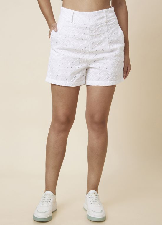 Globus Women White Chevron Schiffli High-Rise Cotton Shorts