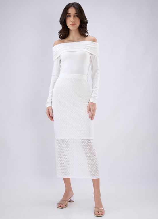 Globus Women White Mid Rise Self Design Lace Midi Pencil Party Skirt