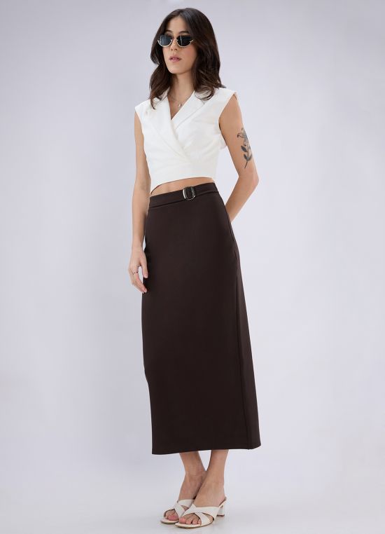 Globus Women Brown Mid Rise Back Slit Pencil Midi Workwear Skirt