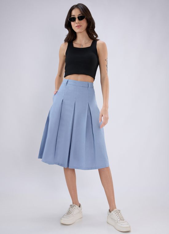 Globus Women Blue Mid Rise Pleated Flared Midi Skirt with Belt Loops