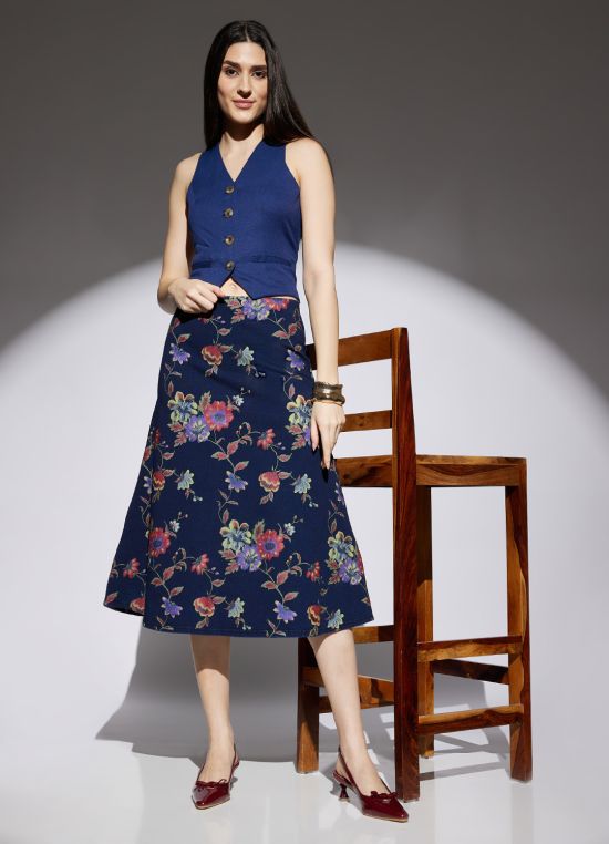Globus Women Med Blue Floral Printed Mid Rise A-Line Midi Denim Skirt