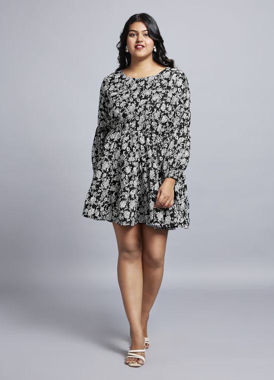 Globus Gloplus Women Maroon Floral Printed Bishop Sleeves Fit & Flare Tiered Mini Plus Size Workwear Dress