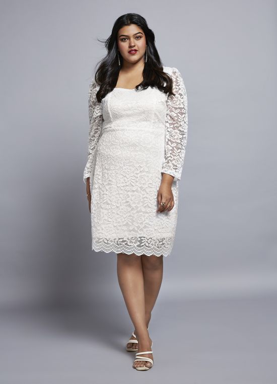 Globus Gloplus Women White Sweetheart Neck Long Sleeves Floral Lace Scalloped Hem Plus Size Sheath Party Dress