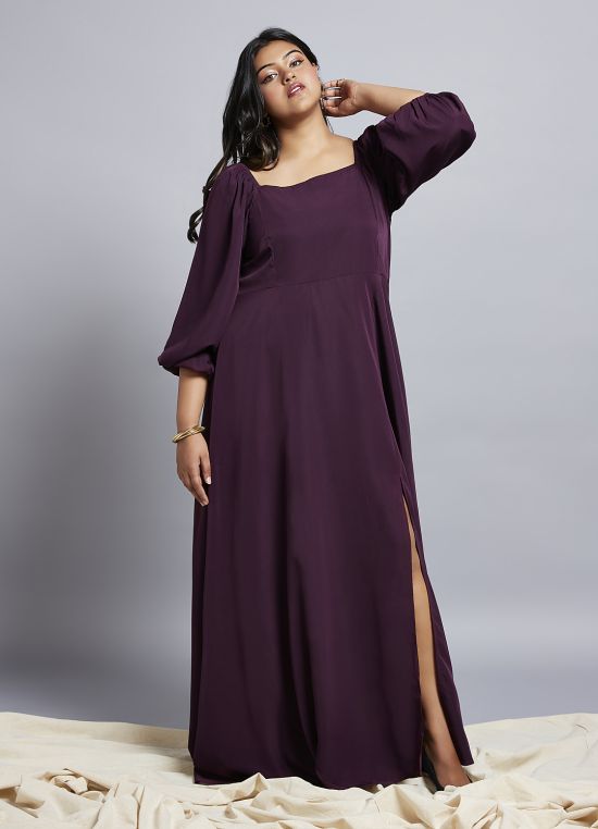 Globus Gloplus Women Purple Square Neck Bishop Sleeves Flared Hem Side Slit A-Line Plus Size Maxi Party Dress