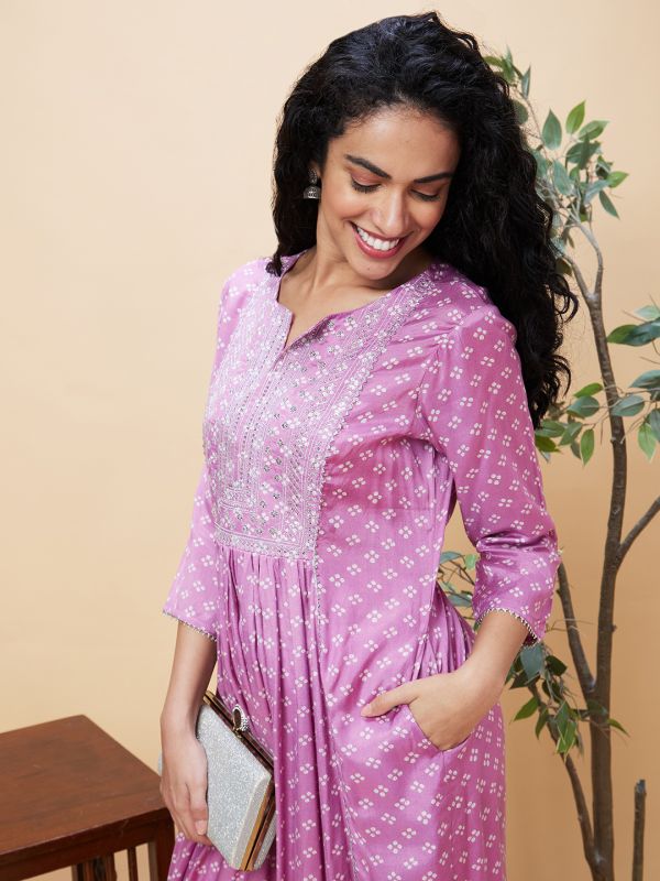Globus Women Mauve Embroidered & Sequinned Yoke Allover Bandhani Printed Pleated A-Line Kurta