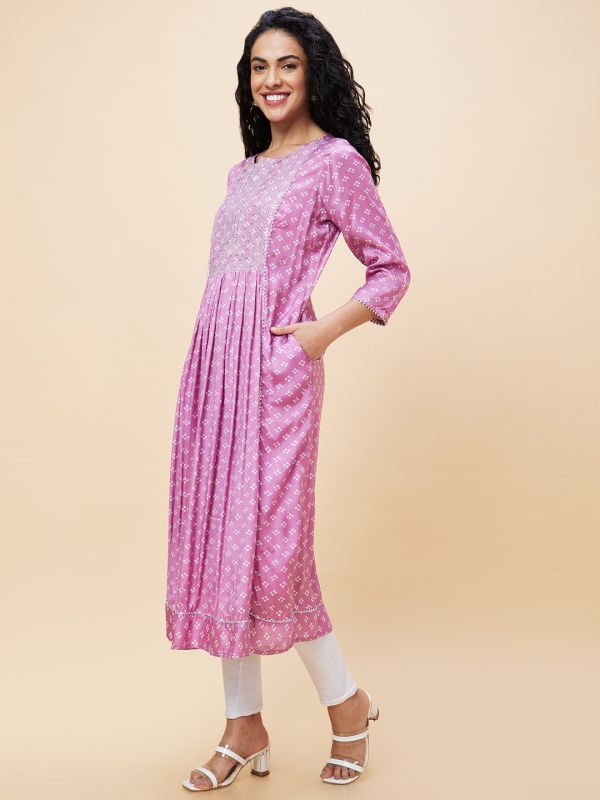 Globus Women Mauve Embroidered & Sequinned Yoke Allover Bandhani Printed Pleated A-Line Kurta