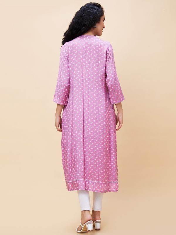 Globus Women Mauve Embroidered & Sequinned Yoke Allover Bandhani Printed Pleated A-Line Kurta