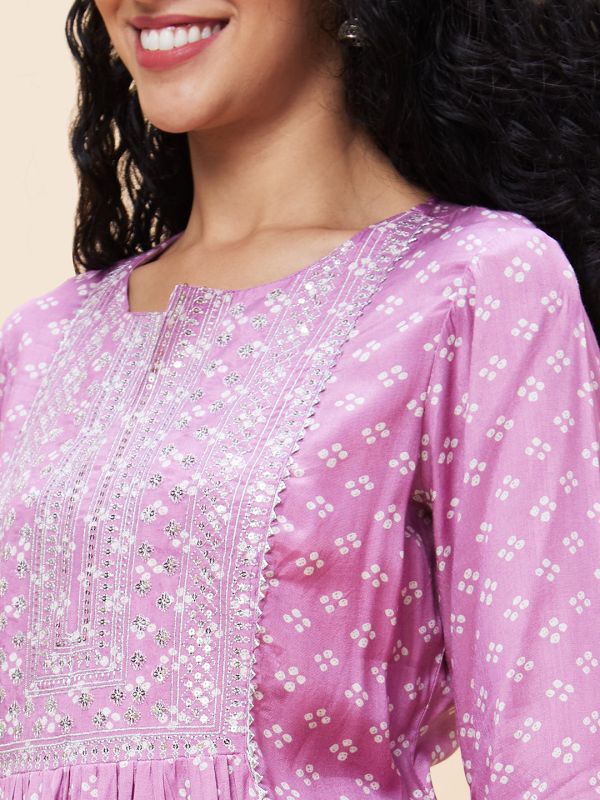 Globus Women Mauve Embroidered & Sequinned Yoke Allover Bandhani Printed Pleated A-Line Kurta