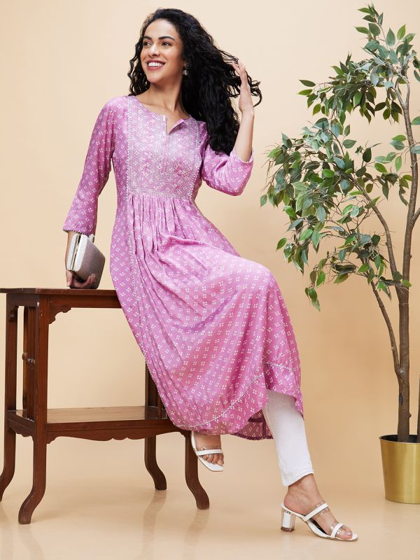 Globus Women Mauve Embroidered & Sequinned Yoke Allover Bandhani Printed Pleated A-Line Kurta