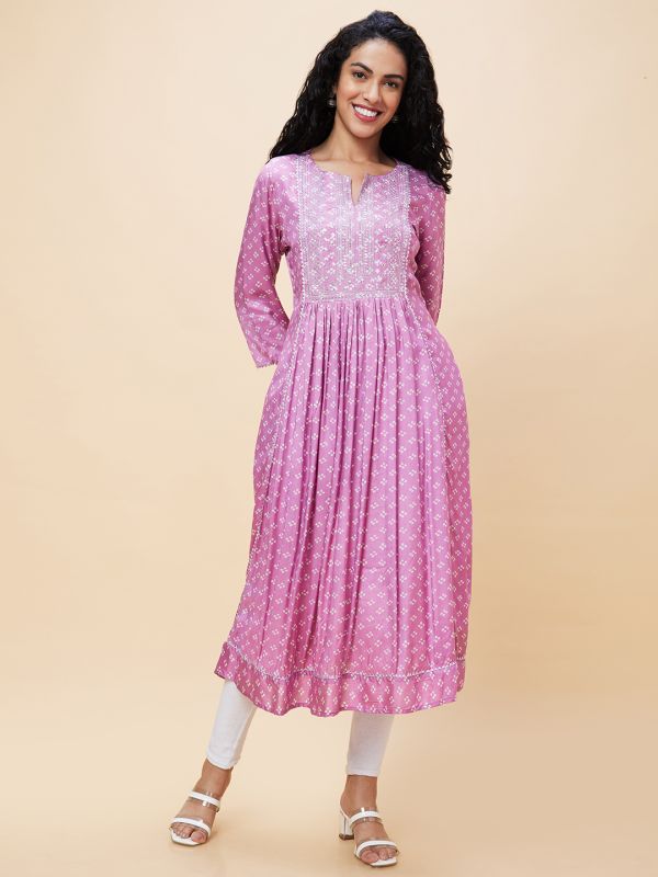 Globus Women Mauve Embroidered & Sequinned Yoke Allover Bandhani Printed Pleated A-Line Kurta