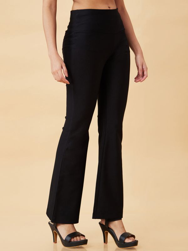 Globus Women Black Stretchable High Waist Flared Workwear Treggings