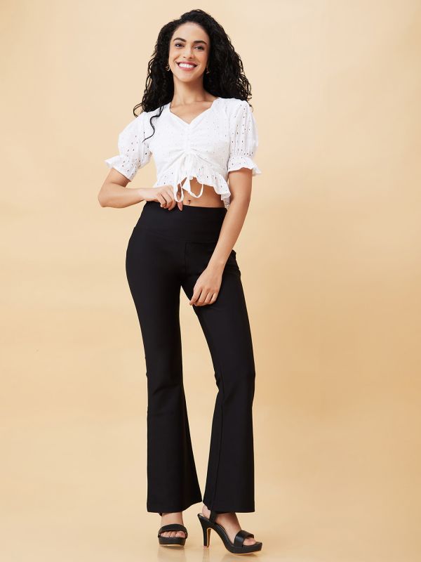 Globus Women Black Stretchable High Waist Flared Workwear Treggings