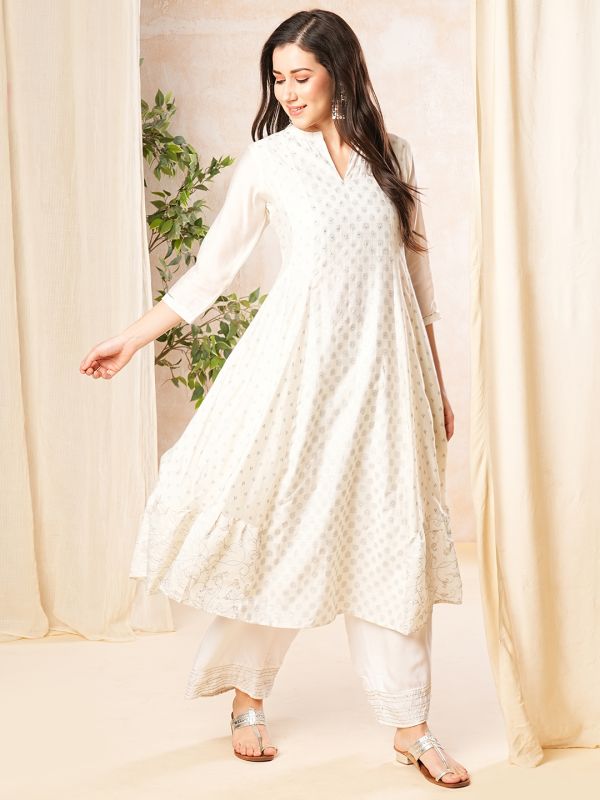 Globus Women Off White Mandarin Collar Sequinned Silver Foil Print Panelled Anarkali Kurta