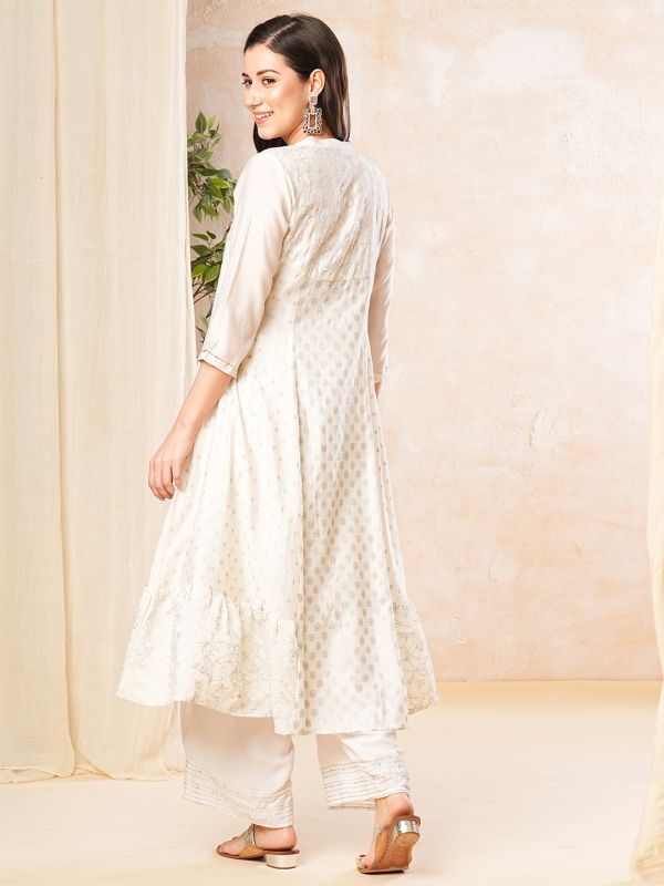 Globus Women Off White Mandarin Collar Sequinned Silver Foil Print Panelled Anarkali Kurta