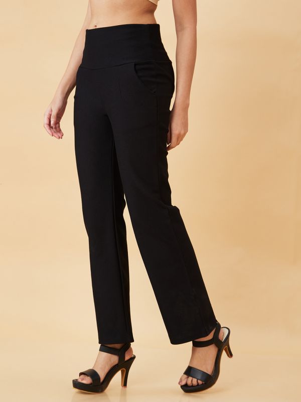Globus Women Black Stretchable High Waist Workwear Treggings With Pockets