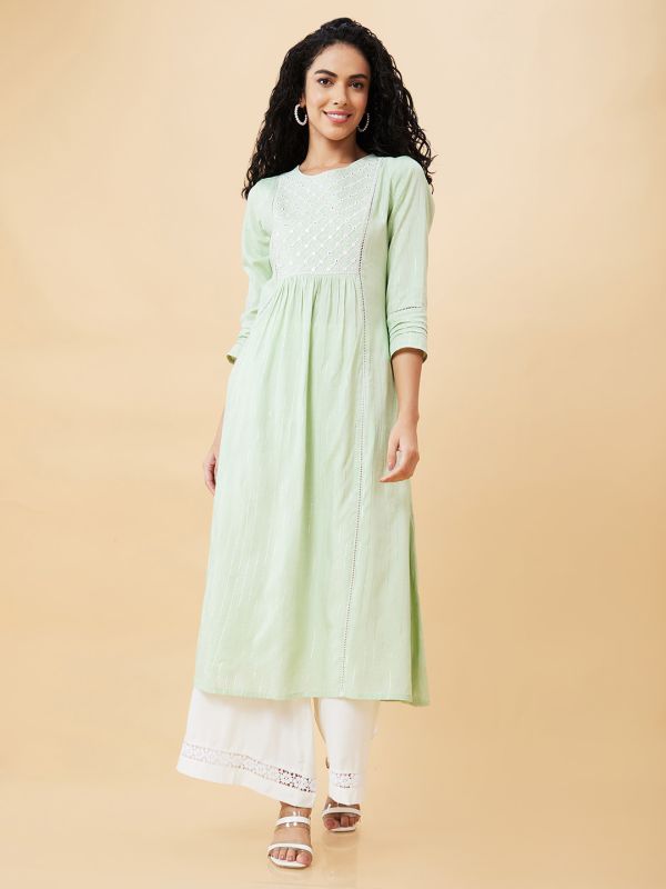 Globus Women Ivory Floral Lace Hem Design Opaque Flowy Ethnic Palazzos
