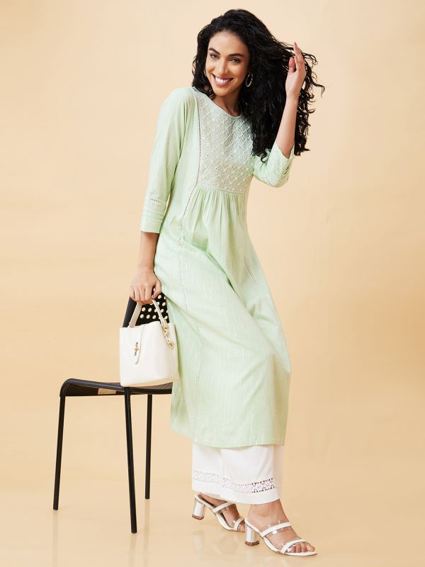 Globus Women Ivory Floral Lace Hem Design Opaque Flowy Ethnic Palazzos