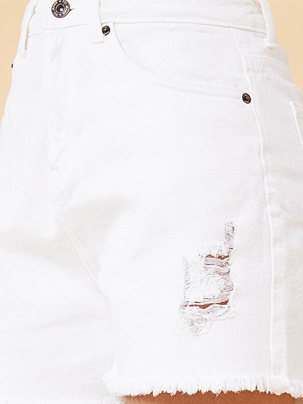 Globus Women White Stretchable Distressed Frayed Denim Shorts