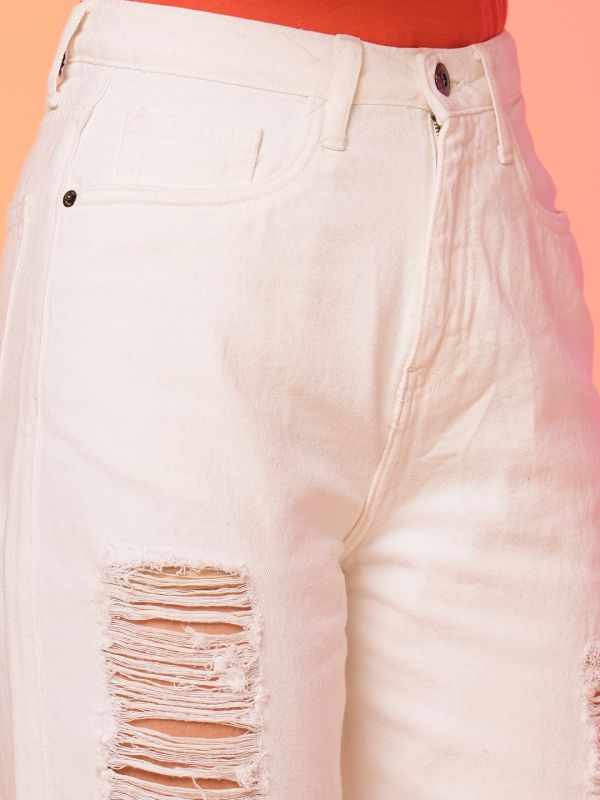 Globus Women White Boyfriend Fit Mid Rise Highly Distressed Jeans
