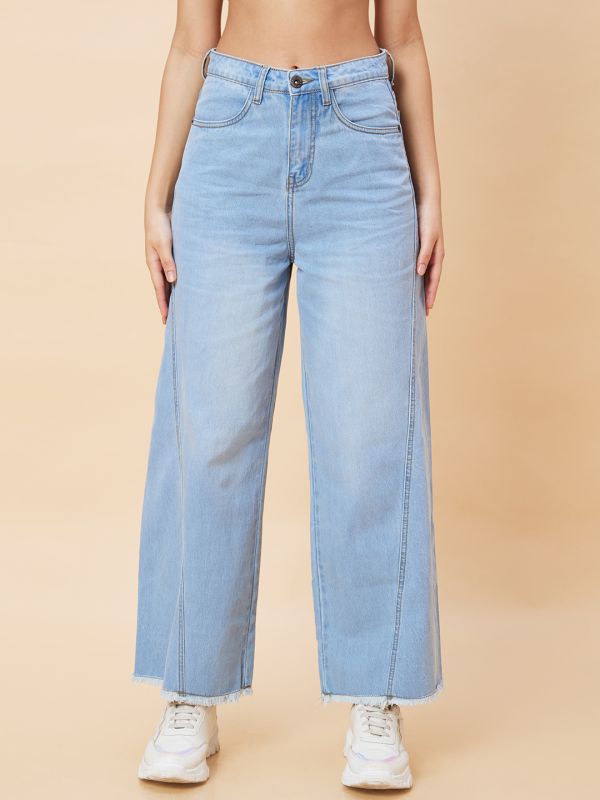 Globus Women Light Blue Stretchable Mid-Rise Wide Leg Frayed Jeans