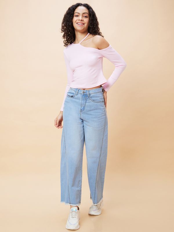 Globus Women Light Blue Stretchable Mid-Rise Wide Leg Frayed Jeans