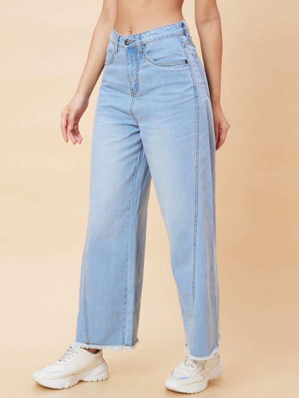 Globus Women Light Blue Stretchable Mid-Rise Wide Leg Frayed Jeans