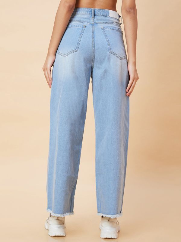 Globus Women Light Blue Stretchable Mid-Rise Wide Leg Frayed Jeans