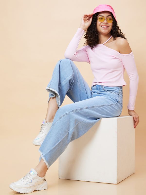 Globus Women Light Blue Stretchable Mid-Rise Wide Leg Frayed Jeans