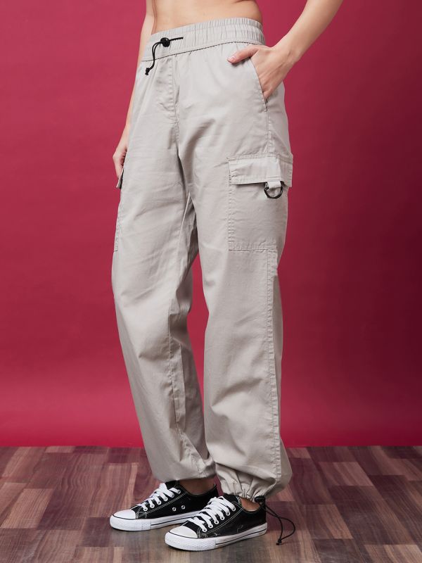 Globus Women Steel Grey Mid-Rise Elasticated Drawstring Waist Cargo Joggers