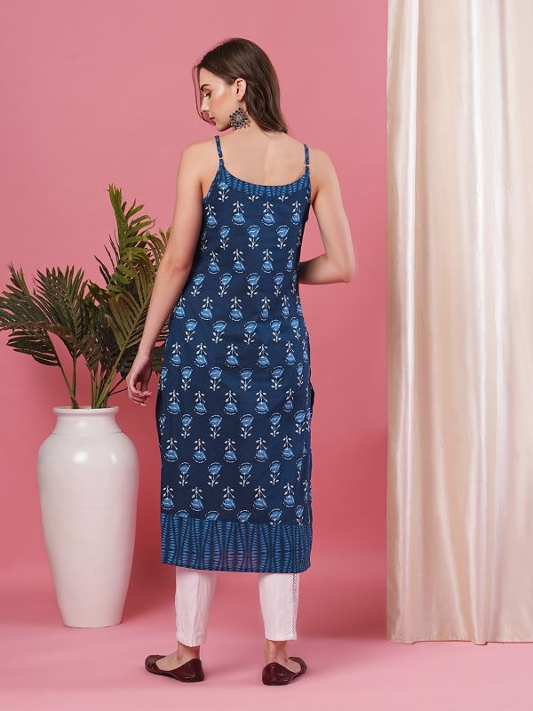 Globus Women Indigo Floral Jaipuri Print Strappy A-Line Kurta With Tassel at Buttons