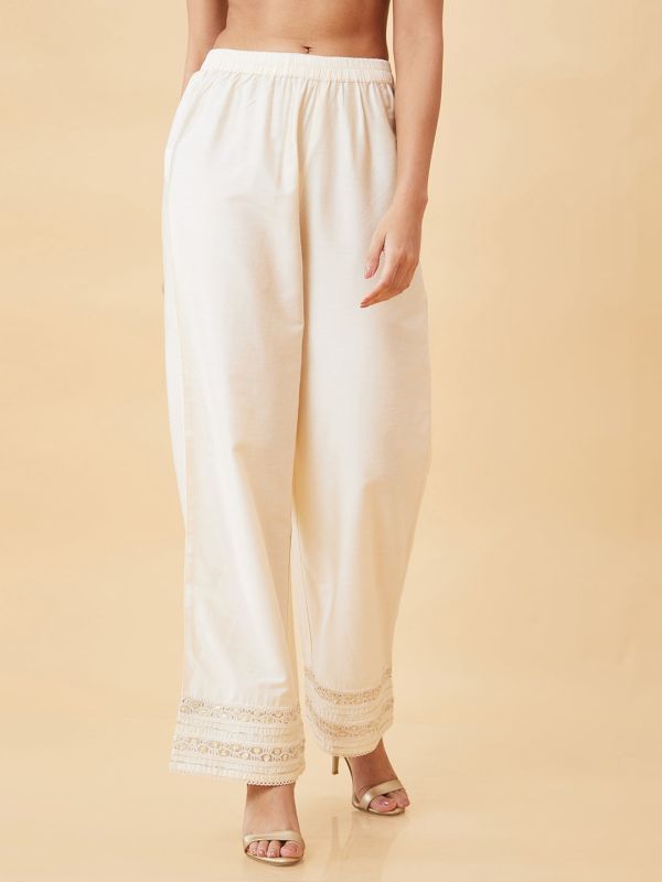 Globus Women Off-White Lace Hem Design Elasticated Waist Straight Palazzos