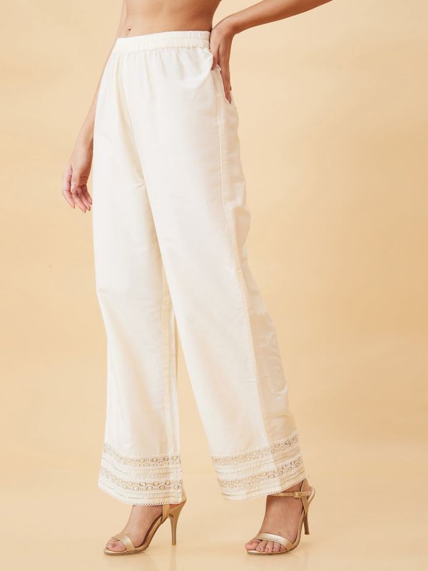 Globus Women Off-White Lace Hem Design Elasticated Waist Straight Palazzos