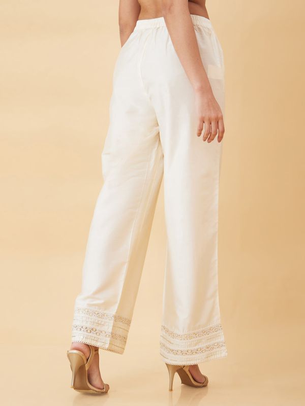 Globus Women Off-White Lace Hem Design Elasticated Waist Straight Palazzos