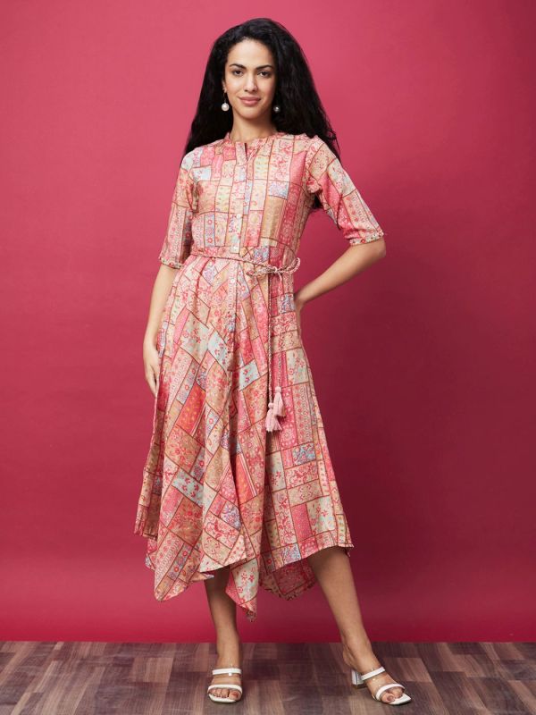 Globus Women Coral Floral Patch Print Asymmetric Hem A-Line Midi Dress With Tassel Belt