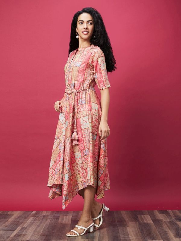Globus Women Coral Floral Patch Print Asymmetric Hem A-Line Midi Dress With Tassel Belt