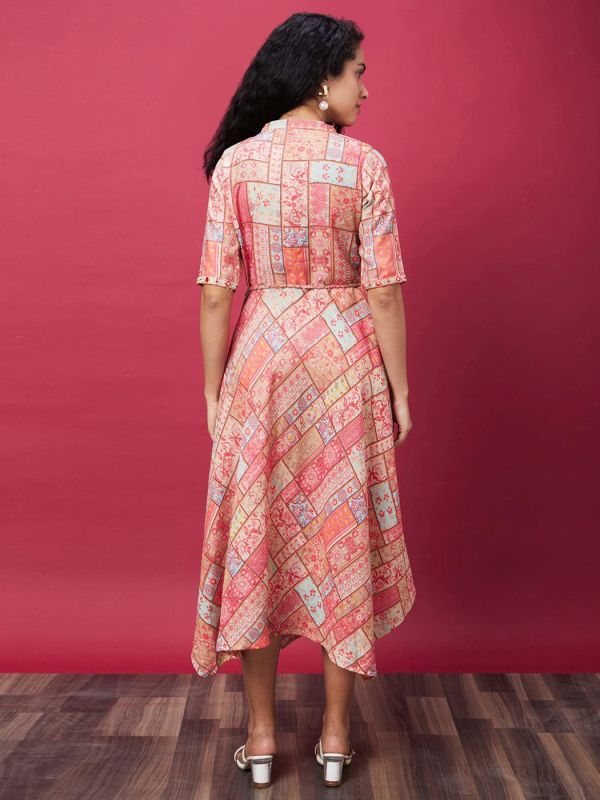 Globus Women Coral Floral Patch Print Asymmetric Hem A-Line Midi Dress With Tassel Belt