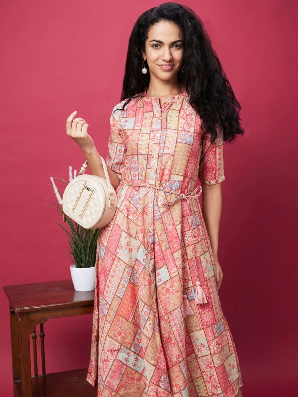 Globus Women Coral Floral Patch Print Asymmetric Hem A-Line Midi Dress With Tassel Belt