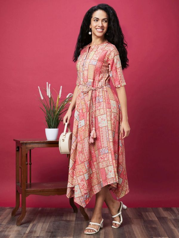Globus Women Coral Floral Patch Print Asymmetric Hem A-Line Midi Dress With Tassel Belt